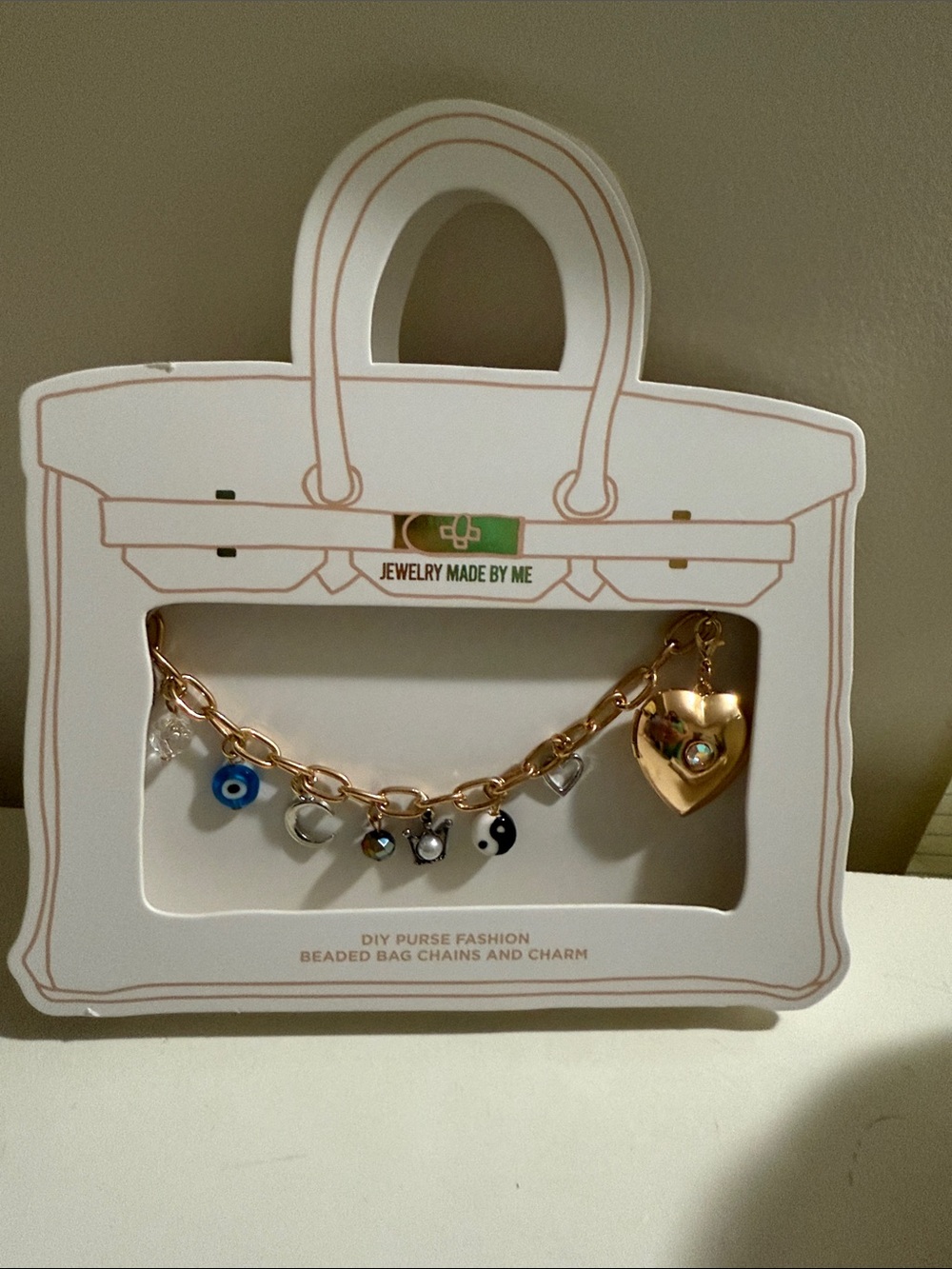 Gold Charm Chain Bag Accessory with Heart & Beads